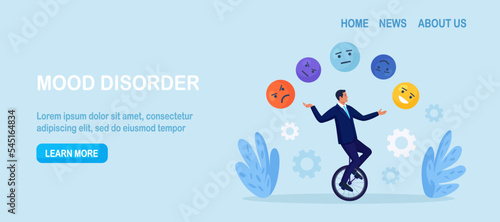 Emotional intelligence, balance of anxiety and happiness. Man juggles emoticons, expression emotional faces. Emotions, mood control. Mindfulness and psychology. Consciousness, self development