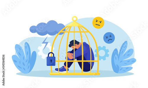 Psychological mindset as feeling like trapped in birdcage. Inner prison as mind state. Personal mental trap as closed cage. Stuck in comfort zone. Mental illness, anxiety, depression, loneliness