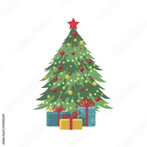 vector isolated illustration of christmas tree decorated with lanterns and christmas balls with gift boxes in cartoon style. decorative element for postcard, sticker or icon