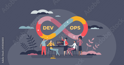 DevOps or Dev ops as software development practice tiny person concept. Application coding or programming work framework with continuous process life cycle vector illustration. App project control.