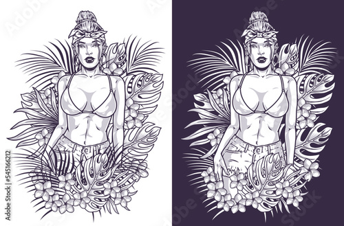 Cocky tropical girl monochrome emblem