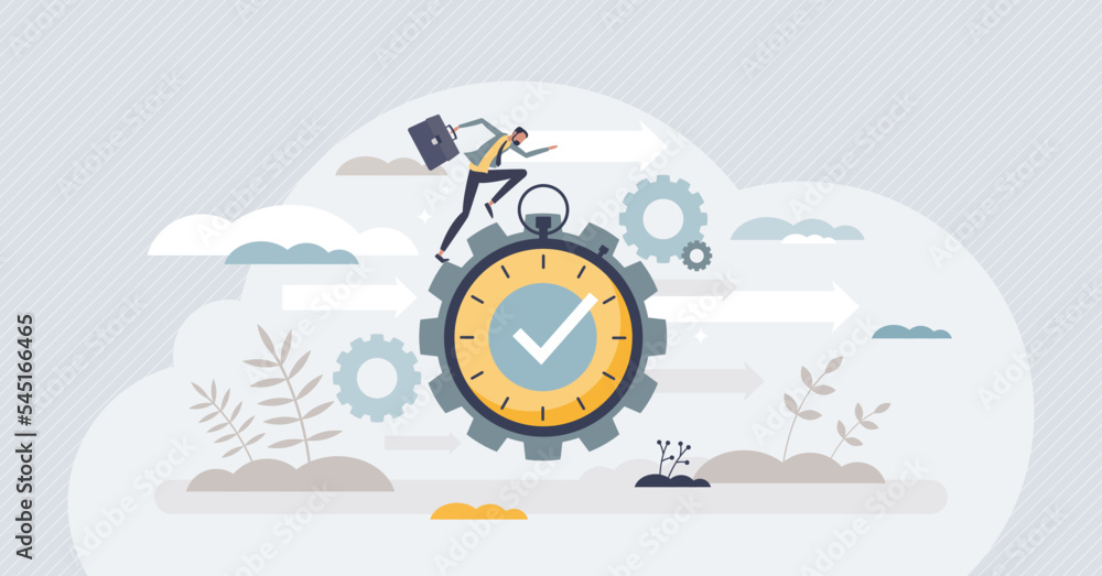 Efficiency with precise and effective time management tiny person concept. Work optimization with productive task deadlines schedule and fast performance vector illustration. Increase job progress. - obrazy, fototapety, plakaty 