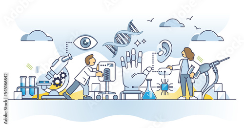 Biomedical engineer as work with medicine and technology outline concept. Combination with biological chemistry and mechanical tech for innovative microbiological healthcare tests vector illustration.