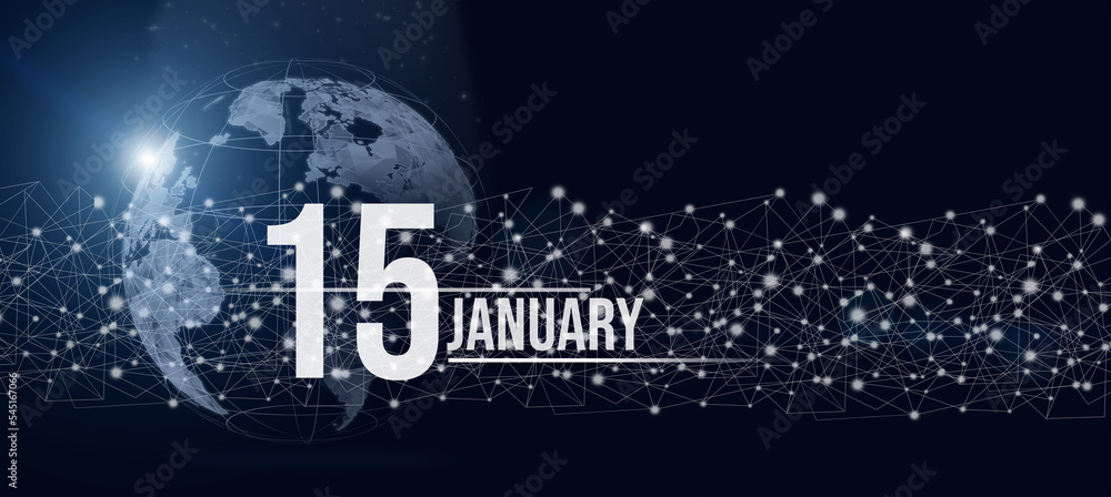 January 15th. Day 15 of month, Calendar date. Calendar day hologram of the planet earth in blue gradient style. Global futuristic communication network. Winter month, day of the year concept. January 15th. Day 15 of month, Calendar date. Calendar day hologram of the planet earth in blue gradient style. Global futuristic communication network. Winter month, day of the year concept.