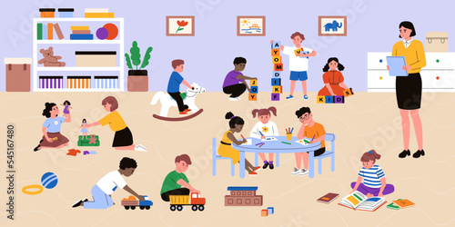 Kindergarten, nursery scene. Kids playing in the nursery. Teacher looking after children. Woman, boys, girls.  Playgroup illustration. Flat vector.