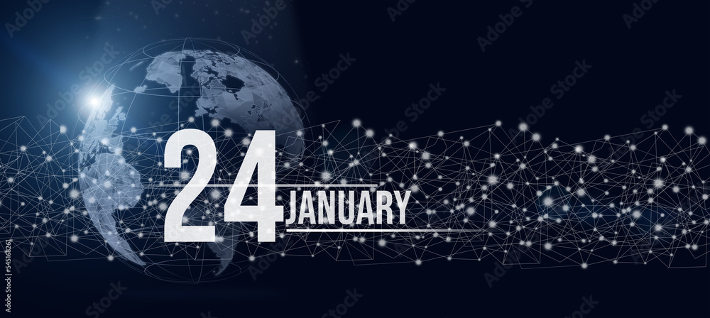 January 24th. Day 24 of month, Calendar date. Calendar day hologram of the planet earth in blue gradient style. Global futuristic communication network. Winter month, day of the year concept. January 24th. Day 24 of month, Calendar date. Calendar day hologram of the planet earth in blue gradient style. Global futuristic communication network. Winter month, day of the year concept.