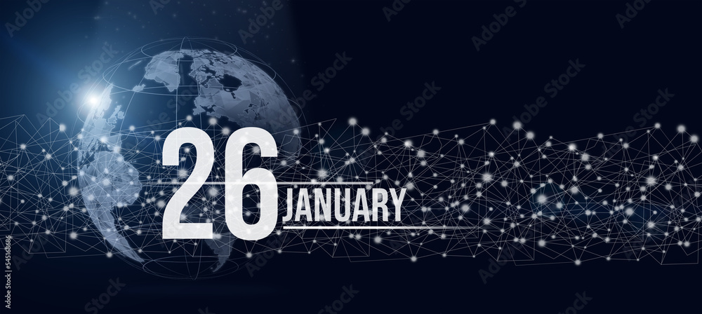 January 26th. Day 26 of month, Calendar date. Calendar day hologram of the planet earth in blue gradient style. Global futuristic communication network. Winter month, day of the year concept.
