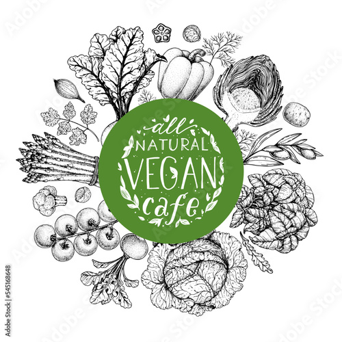 Vegan food label. Hand drawn vector illustration. Menu design template. Vegan food sketch. Vintage design template. Product design. Great for packaging, recipe book, menu. Vegetarian food sketch.