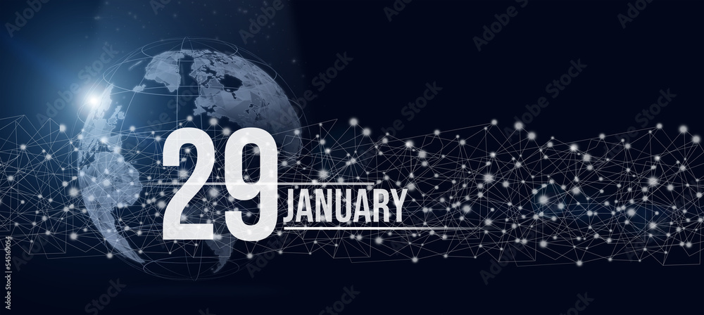 January 29th. Day 29 of month, Calendar date. Calendar day hologram of the planet earth in blue gradient style. Global futuristic communication network. Winter month, day of the year concept.
