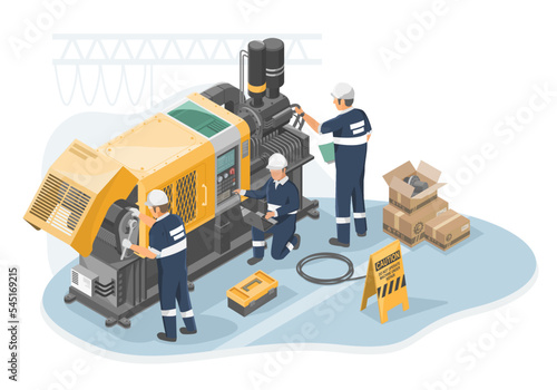 Engineer Maintenance concept failure machine isometric industrial employee worker fixing in factory element on white background isolated