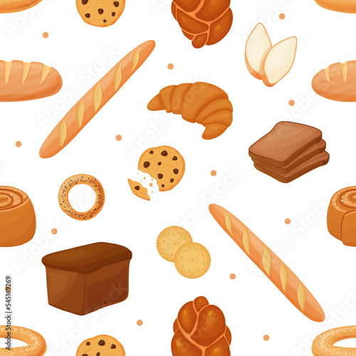 Seamless pattern with cakes, croissant, bread. Baking cartoon background.