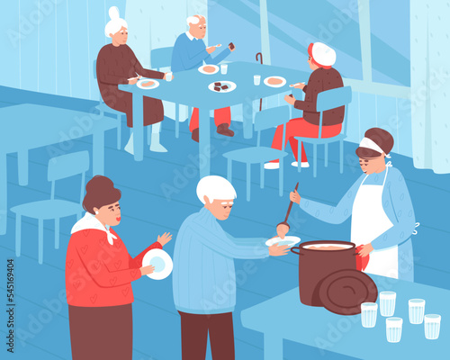 Social canteen for older people with low incomes. Charitable, volunteer activities. Help people in difficult situations. Flat vector illustration.