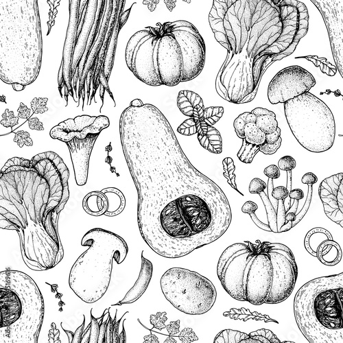 Vegan food seamless pattern. Hand drawn vector illustration. Menu design template. Vegan food sketch. Product design. Great for packaging, recipe book, menu. Vegetarian food sketch.