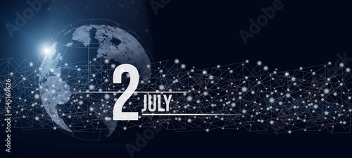 July 2nd. Day 2 of month, Calendar date. Calendar day hologram of the planet earth in blue gradient style. Global futuristic communication network. Summer month, day of the year concept.