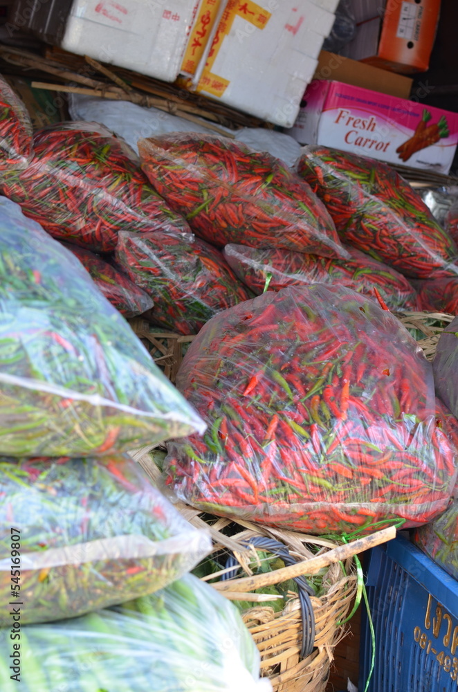 Dried Chillis on Market in Bangkok Thailand Spices hot Red