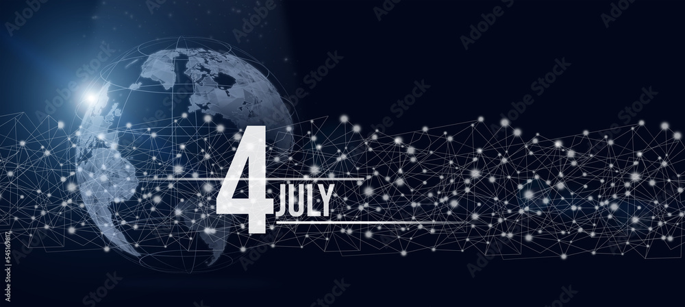 July 4th. Day 4 of month, Calendar date. Calendar day hologram of the planet earth in blue gradient style. Global futuristic communication network. Summer month, day of the year concept.