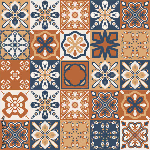 Spanish Azulejo style seamless pattern, brown beige blue square imitation of ceramic tiles