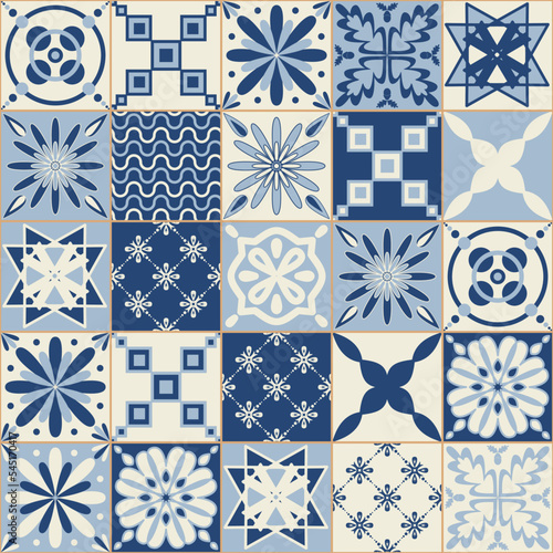 Ceramic tiles for wall decoration, blue indigo monochrome color, stylish vector illustration