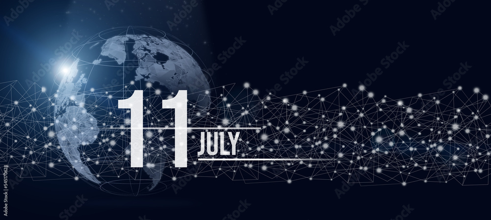 July 11st . Day 11 of month, Calendar date. Calendar day hologram of the planet earth in blue gradient style. Global futuristic communication network. Summer month, day of the year concept.