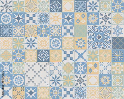 Pastel pattern in Spanish Azulejo style, white blue yellow ceramic tile square for design