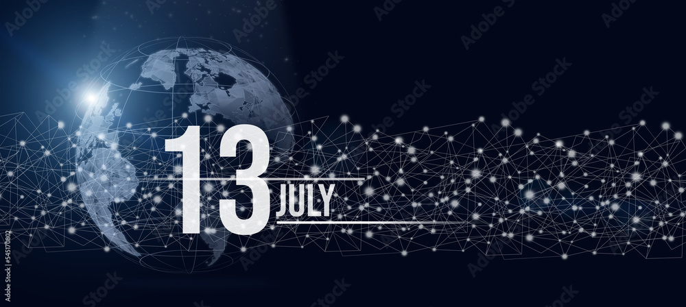 July 13rd. Day 13 of month, Calendar date. Calendar day hologram of the planet earth in blue gradient style. Global futuristic communication network. Summer month, day of the year concept. July 13rd. Day 13 of month, Calendar date. Calendar day hologram of the planet earth in blue gradient style. Global futuristic communication network. Summer month, day of the year concept.