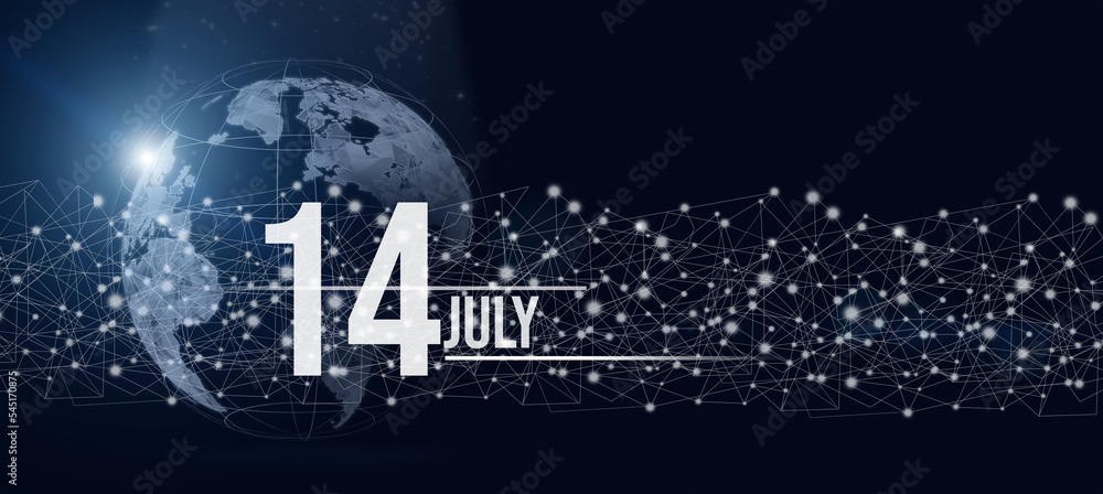 July 14th. Day 14 of month, Calendar date. Calendar day hologram of the planet earth in blue gradient style. Global futuristic communication network. Summer month, day of the year concept. July 14th. Day 14 of month, Calendar date. Calendar day hologram of the planet earth in blue gradient style. Global futuristic communication network. Summer month, day of the year concept.