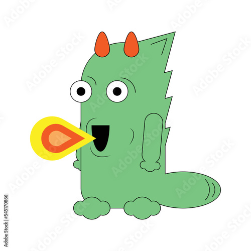 cute cartoon monster dinosaur dragon character spitting fireball fire burning flame surprised angry expressive Halloween party flat vector illustration emblem sticker funny colorful icon imagination.