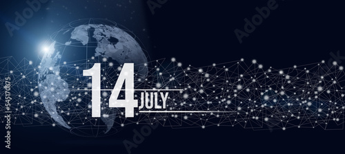 July 14th. Day 14 of month  Calendar date. Calendar day hologram of the planet earth in blue gradient style. Global futuristic communication network. Summer month  day of the year concept.