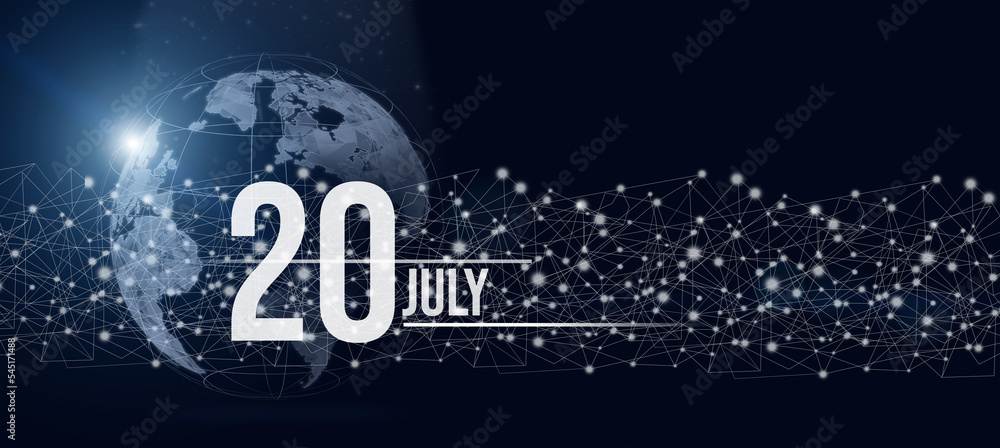 July 20th. Day 20 of month, Calendar date. Calendar day hologram of the planet earth in blue gradient style. Global futuristic communication network. Summer month, day of the year concept.