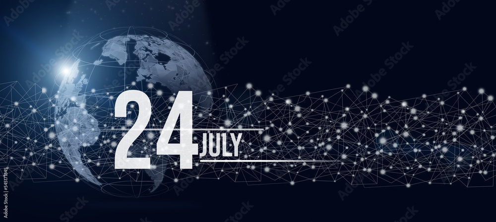 July 24th. Day 24 of month, Calendar date. Calendar day hologram of the planet earth in blue gradient style. Global futuristic communication network. Summer month, day of the year concept.