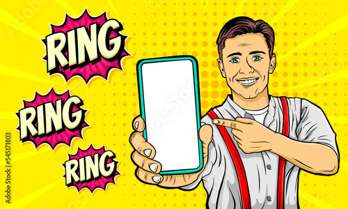 Cartoon comic man showing phone hand draw background illustration