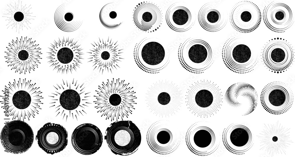 Design elements with circular halftone dots. Vector rotating dotted circles design . Half tones collection . Concentric circles for posters, social media, promotion, flyer, covers .Dotted frames Design elements with circular halftone dots. Vector rotating dotted circles design . Half tones collection . Concentric circles for posters, social media, promotion, flyer, covers .Dotted frames