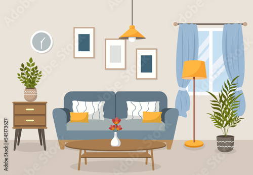 Living room interior. Vector flat illustration. Comfortable sofa with cushions, lantern, window, armchair and indoor plants, bedside table with flower.