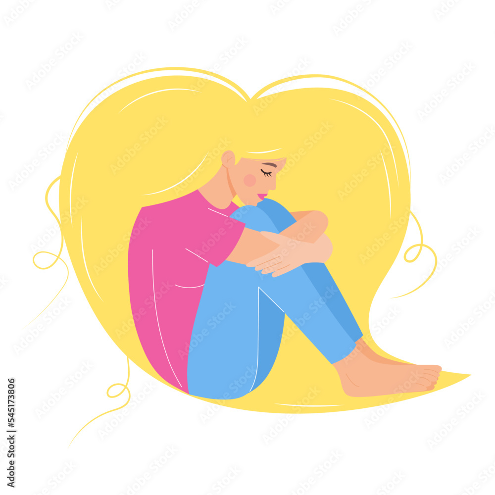 Sad blonde woman sitting and hugging her knees. Her long heart shaped hair around her. Depression, unstable emotions, failed love, no war, loss, grief, pain, death concept. Sad blonde woman sitting and hugging her knees. Her long heart shaped hair around her. Depression, unstable emotions, failed love, no war, loss, grief, pain, death concept.