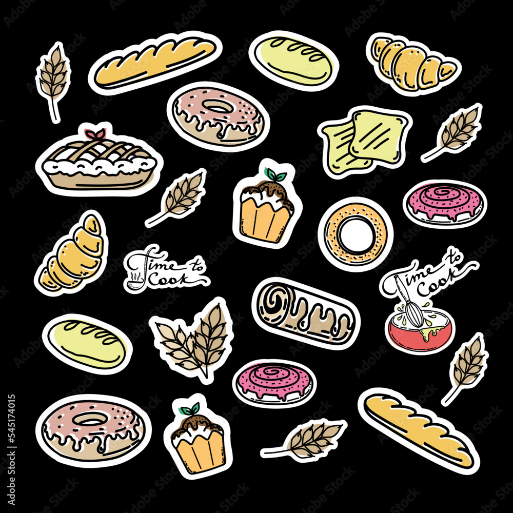 A collection of bakery and pastry stickers, hand-drawn sketch-style doodle elements. Different kinds of bread, croissant, baguette, scones, muffin, muffin. Wheat. Vector cute illustrations on black. A collection of bakery and pastry stickers, hand-drawn sketch-style doodle elements. Different kinds of bread, croissant, baguette, scones, muffin, muffin. Wheat. Vector cute illustrations on black.