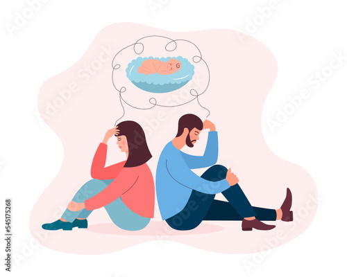 Infertile couple dreams about baby. Man and woman sitting back to back and suffer from reproductive problems. Fertility problem, pregnancy problems, IVF, infertility, gynecological disease, family