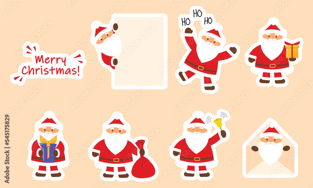 Set of many Santa Claus and merry Christmas lettering in cartoon style. Happy Santa Claus with presents, bell and paper, ho, ho, ho, red bag and envelop. Vector illustration.