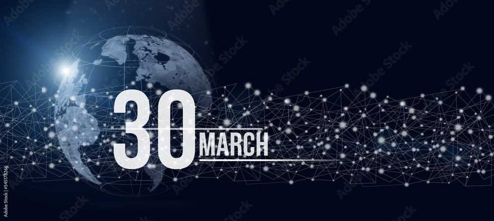 March 30th. Day 30 of month, Calendar date. Calendar day hologram of the planet earth in blue gradient style. Global futuristic communication network. Spring month, day of the year concept.