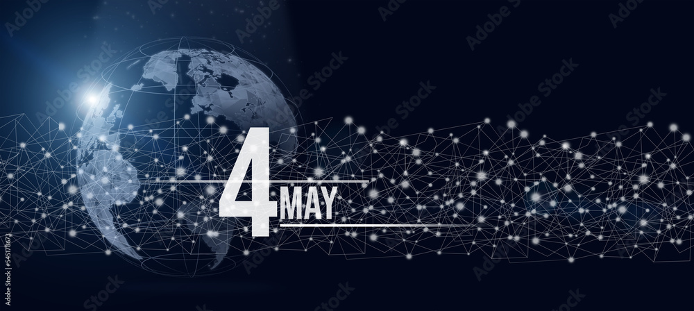 Obraz premium May 4th. Day 4 of month, Calendar date. Calendar day hologram of the planet earth in blue gradient style. Global futuristic communication network. Spring month, day of the year concept.