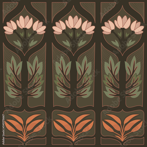 Vector print with decorative floral ornament. Art deco style. 1920s oldfashion retro print. Vintage seamless ornament with pink flowers on brown background. Nouveau symmetric art print with leaves