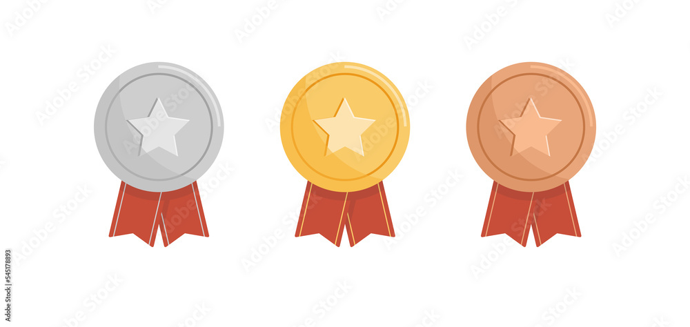 Gold, silver, bronze medal badge and trophy with red ribbon flat illustration.	
