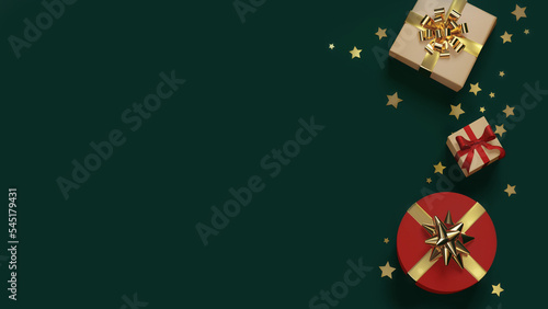 Realistic 3D kraft paper and red gift boxes with bow and gold confetti. Closed gift box. Decorative holiday object. New Year and Christmas design. Green background.