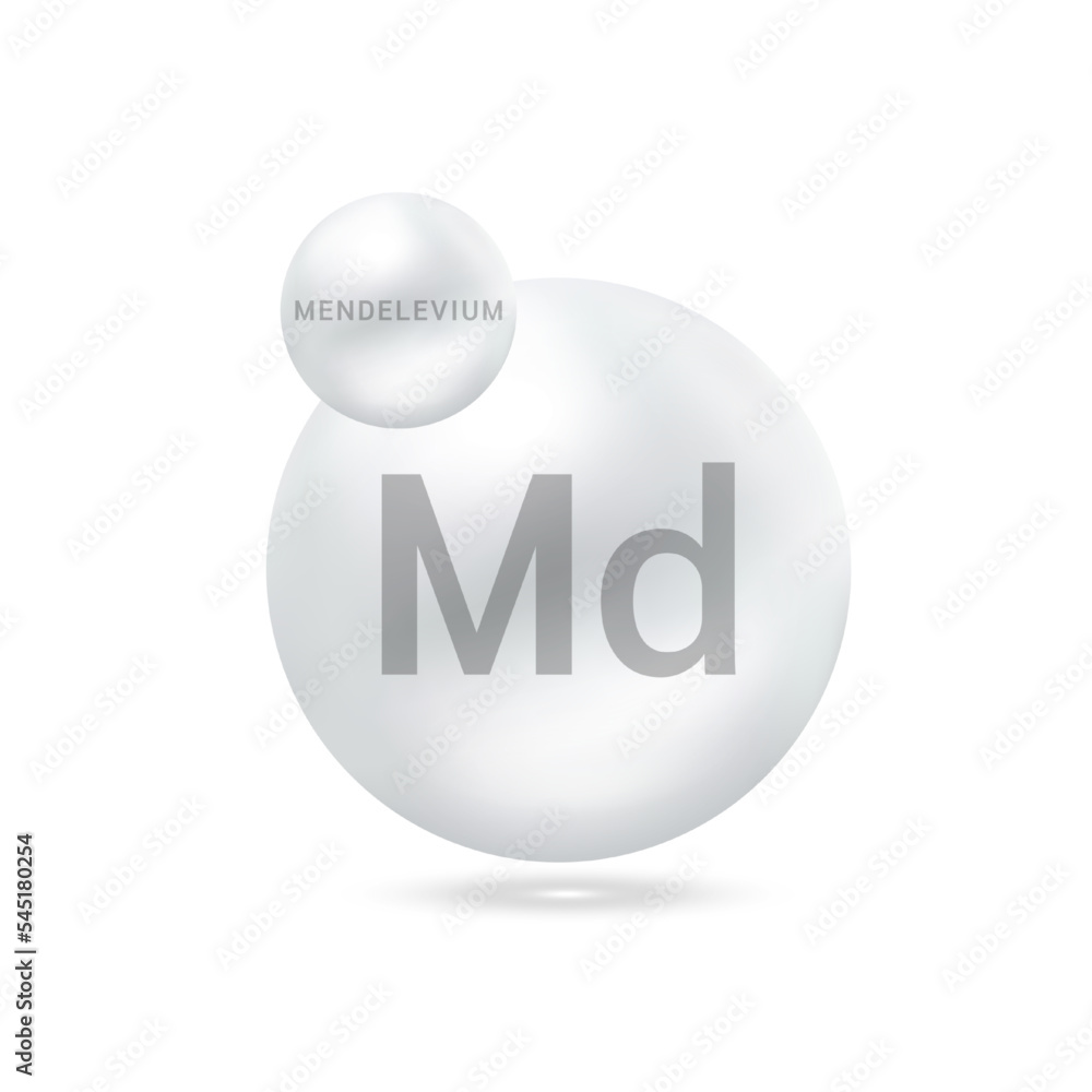 Mendelevium molecule models silver. Ecology and biochemistry concept. Isolated spheres on white background. 3D Vector Illustration. Mendelevium molecule models silver. Ecology and biochemistry concept. Isolated spheres on white background. 3D Vector Illustration.