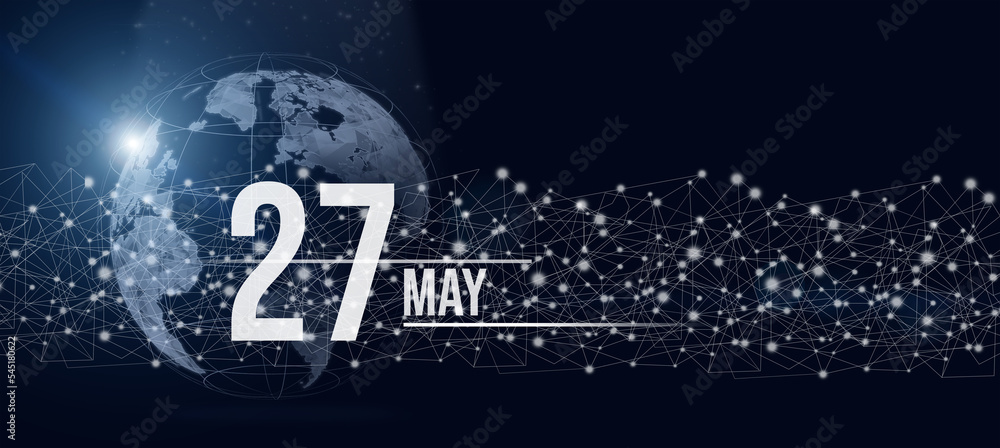 May 27th. Day 27 of month, Calendar date. Calendar day hologram of the planet earth in blue gradient style. Global futuristic communication network. Spring month, day of the year concept. May 27th. Day 27 of month, Calendar date. Calendar day hologram of the planet earth in blue gradient style. Global futuristic communication network. Spring month, day of the year concept.