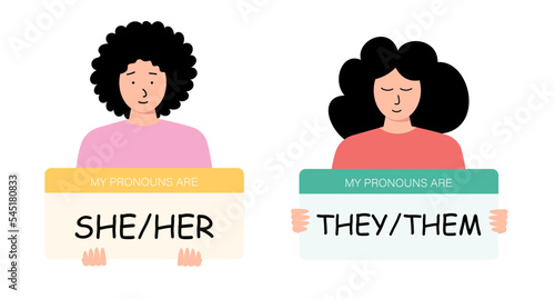 English pronouns She and They. Beautiful girls with signs for a book, presentation, website, application, education