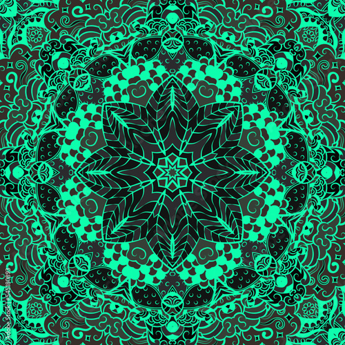 Seamless tile texture. Tracery mehndi design image. Dark toxic colors. Ethnic doodle art. Curved doodling picture. Vector