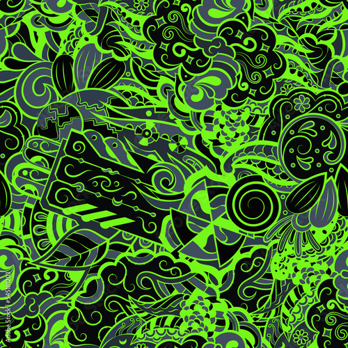 Tracery seamless pattern. Mehndi design. Dark sharp colors. 6 colors. Ethnic doodle texture. Curved doodling background. Vector