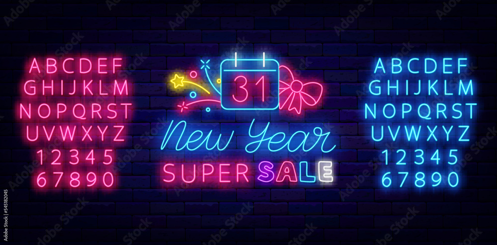 New Year super sale neon signboard. Bright pink and blue alpphabet. Calendar, firework, bow. Vector stock illustration