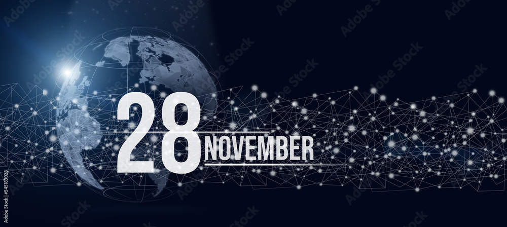 November 28th. Day 28 of month, Calendar date. Calendar day hologram of the planet earth in blue gradient style. Global futuristic communication network. Autumn month, day of the year concept.