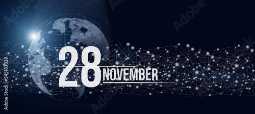 November 28th. Day 28 of month  Calendar date. Calendar day hologram of the planet earth in blue gradient style. Global futuristic communication network. Autumn month  day of the year concept.